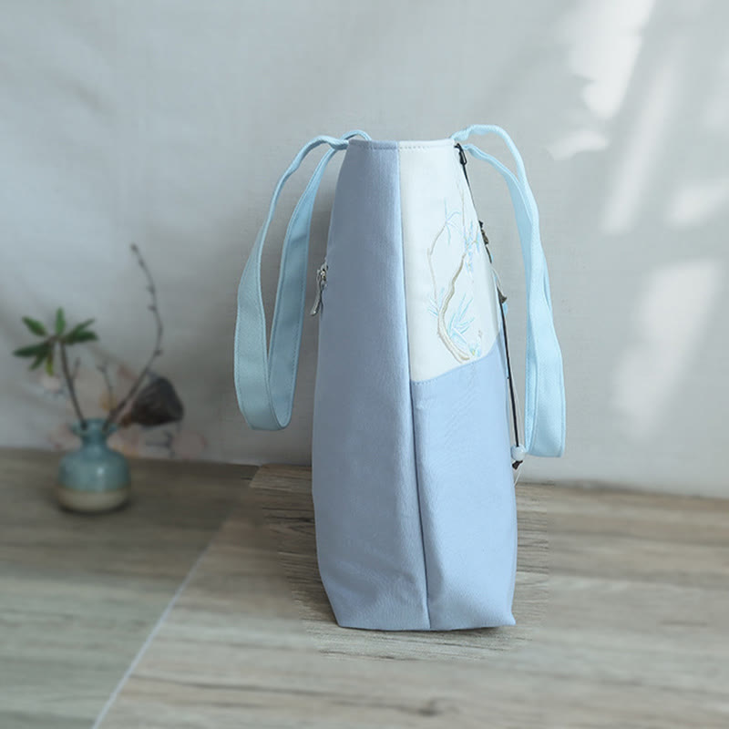 Sac à bandoulière en toile brodée de bambou avec fleur de poire, prunier, fleur de pêcher, grande capacité, sac fourre-tout