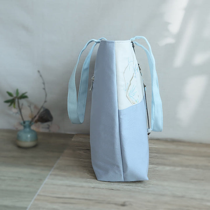 Sac à bandoulière en toile brodée de bambou avec fleur de poire, prunier, fleur de pêcher, grande capacité, sac fourre-tout