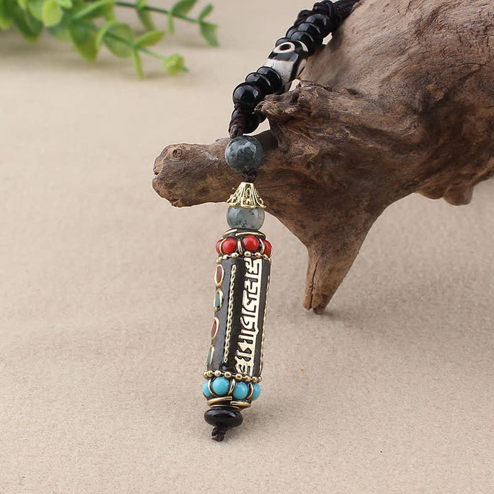 Buddha Stones tibétain Om Mani Padme Hum Dzi perle wengé bois collier pendentif