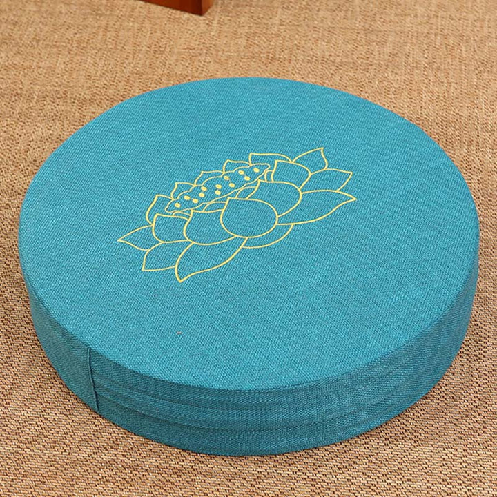 Coussin de siège de méditation en coton et lin avec broderie de Buddha Stones et de lotus - Doux - 40 cm x 10 cm - Bleu ciel profond - image 12