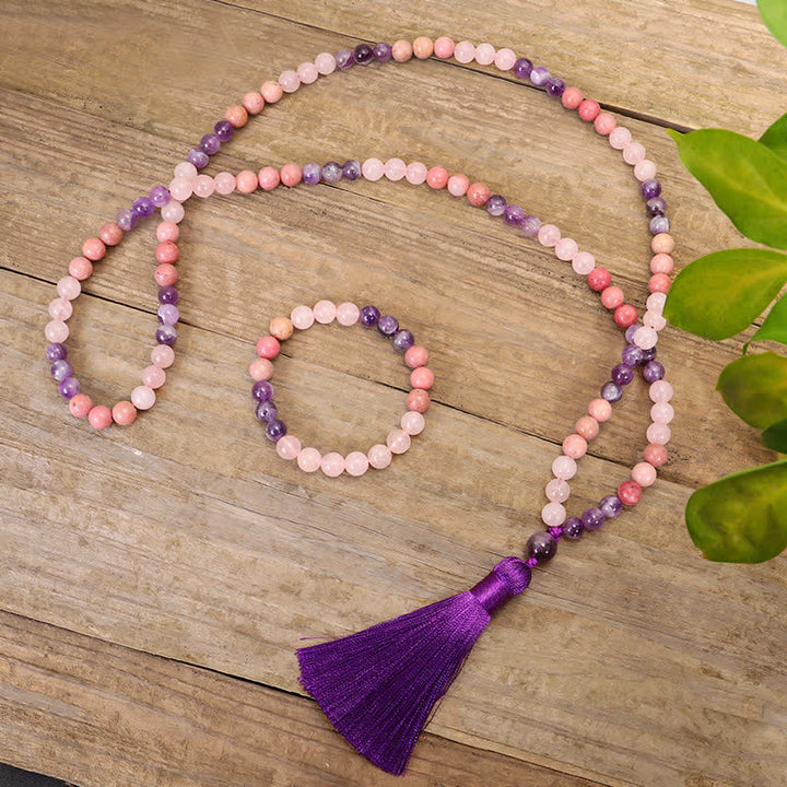 Bracelet de guérison spirituelle à pampilles en améthyste et quartz rose avec 108 perles de Mala Buddha Stones