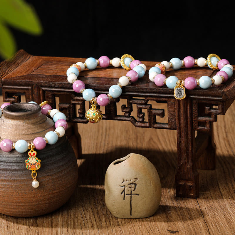Buddha Stones Tibétain Zakiram Déesse de la Richesse Lapin Tête de Lion Charme Liuli Verre Encens Cendres Perle de Porcelaine Bracelet de Protection