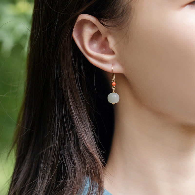 Boucles d'oreilles pendantes porte-bonheur en jade rouge Hetian plaqué or 14 carats et argent sterling 925 avec Buddha Stones - image 6