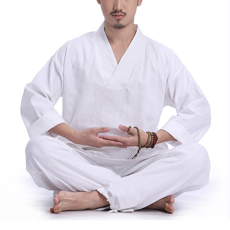Ensemble de vêtements de yoga pour homme Buddha Stones, méditation, prière, col en V, coton et lin, pratique spirituelle zen - Blanc - US/UK/AU44，EU54 (3XL) - image 14