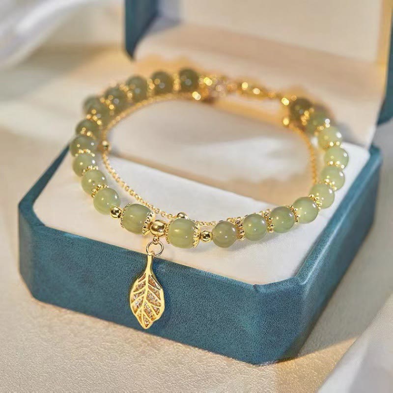 Bracelet de perles porte-bonheur en Buddha Stones, feuille de jade, ginkgo, tulipe, arachide, personnage Fu - Feuille d'or et jade - image 0