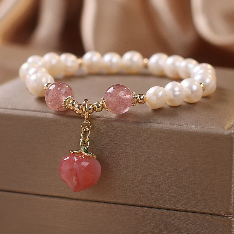Bracelet à Buddha Stones en perles naturelles et quartz fraise, pêche, amour, cœur, sagesse