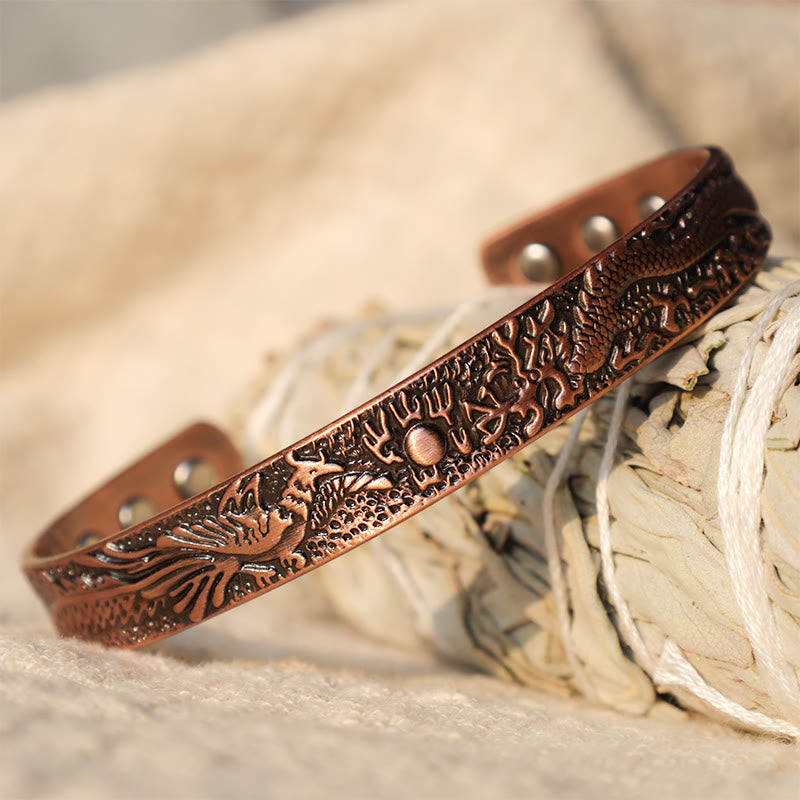 Bracelet manchette magnétique en cuivre massif avec Buddha Stones, dragon et phénix