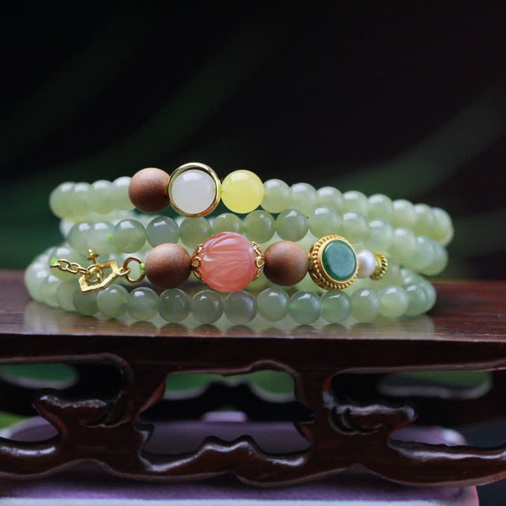 Bracelet d'abondance porte-bonheur en jade Hetian naturel, ambre, lotus, agate rouge