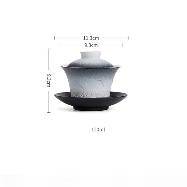 Tasse à thé et soucoupe en céramique avec couvercle en Buddha Stones, style rétro, bleu océan, vagues de la mer, dégradé, Gaiwan, Sancai
