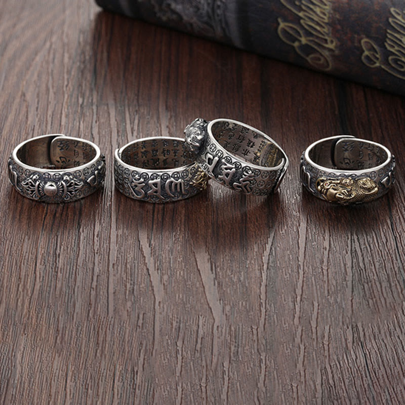 Bague de richesse tibétaine en argent sterling 990 Buddha Stones Om Mani Padme Hum PiXiu Dorje Vajra Heart Sutra gravé