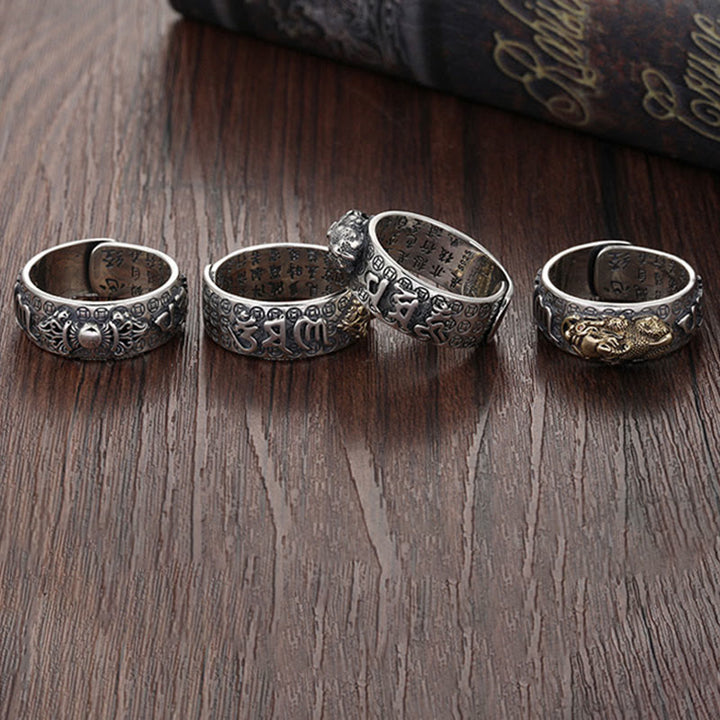 Bague de richesse tibétaine en argent sterling 990 Buddha Stones Om Mani Padme Hum PiXiu Dorje Vajra Heart Sutra gravé
