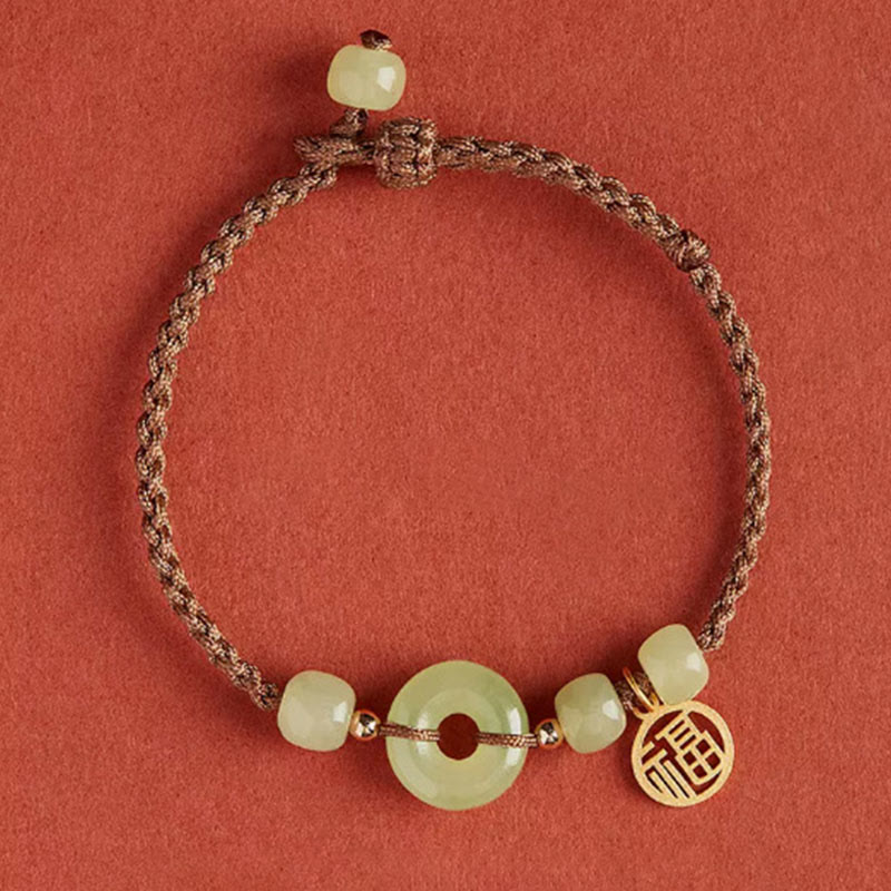 Bracelet en corde avec boucle ronde en Buddha Stones et lotus de jade pour la paix, le bonheur, l'abondance et la richesse