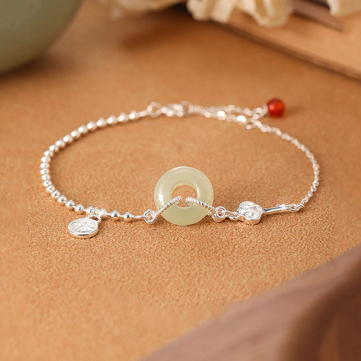 Bracelet chaîne porte-bonheur en argent sterling 925 avec boucle de paix en jade Hetian et Buddha Stones