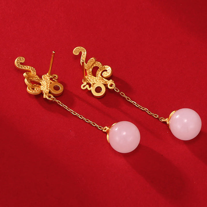 Boucles d'oreilles pendantes en jade blanc et agate rouge vintage Buddha Stones