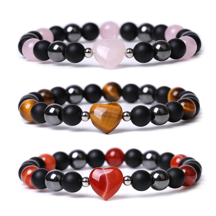 Bracelet de protection en forme de cœur Buddha Stones pierre d'onyx noir et œil de tigre en cristal