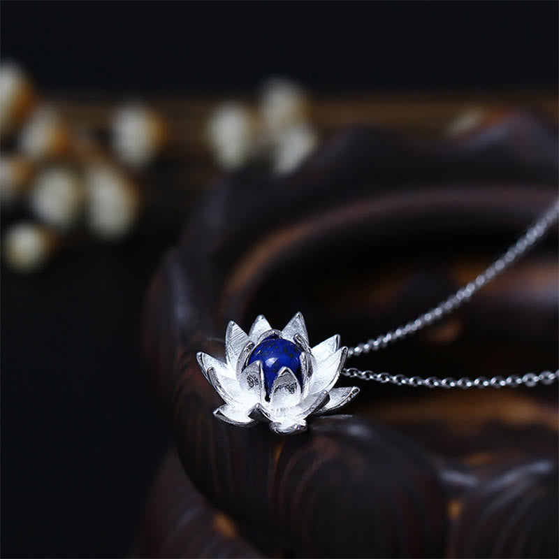 Collier pendentif fleur de lotus en argent sterling 925 avec Buddha Stones et lazurite - Argent sterling 925 et lazurite - image 1