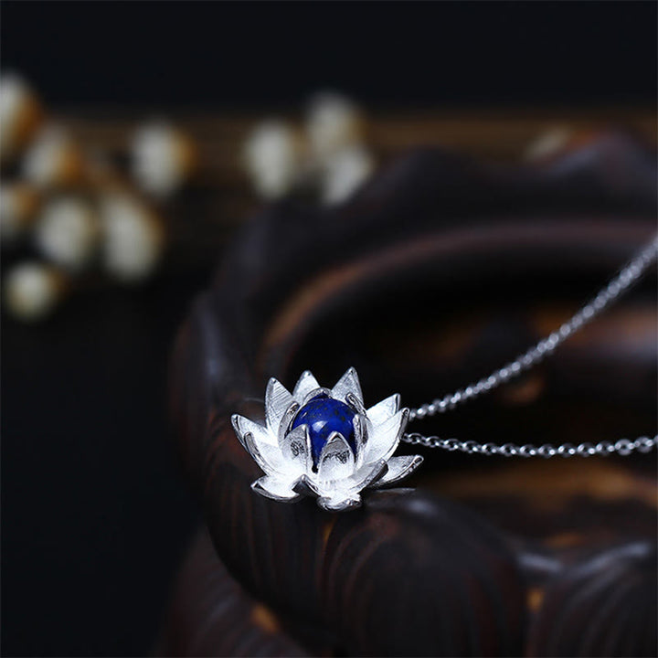 Collier pendentif fleur de lotus en argent sterling 925 avec Buddha Stones et lazurite