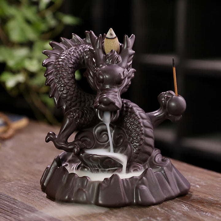 Fontaine à fumée à reflux en céramique avec Buddha Stones et dragon de bon augure, brûleur d'encens de guérison et de méditation, boule à LED décorative