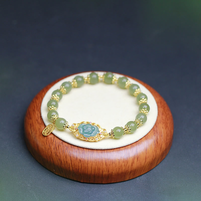 Bracelet porte-bonheur en argent sterling 925 plaqué or 14 carats avec lotus en jade Hetian