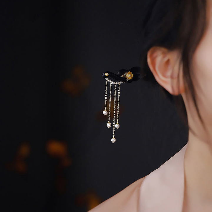 Épingle à cheveux en bois d'ébène avec Buddha Stones et fleurs jaunes et perles