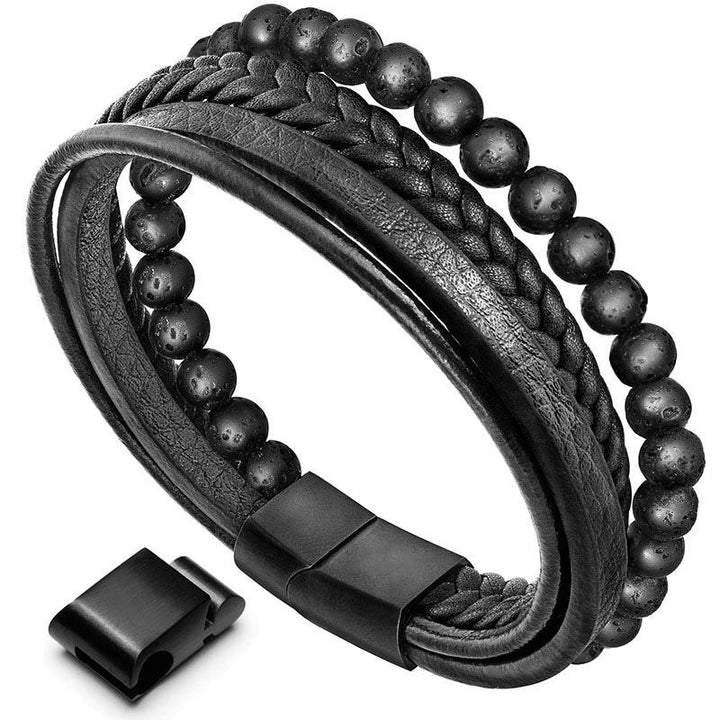 Bracelet en cuir avec perles en pierre de lave naturelle et onyx noir Buddha Stones