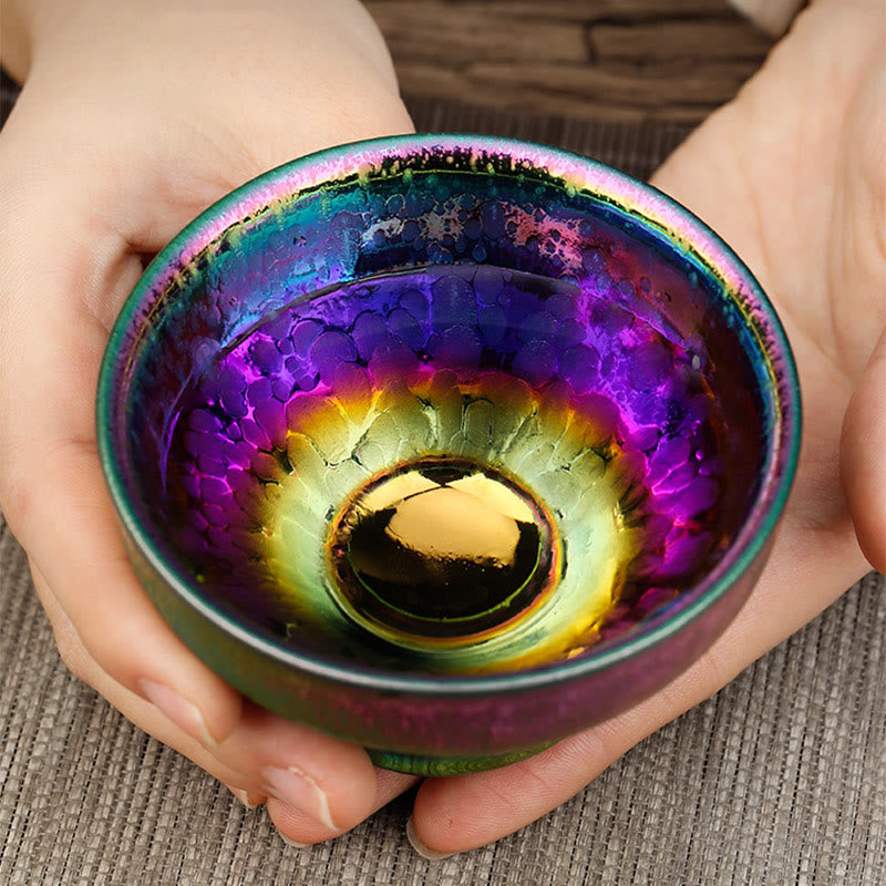 Tasse à thé chinoise Jianzhan en céramique faite à la main avec Buddha Stones et arc-en-ciel