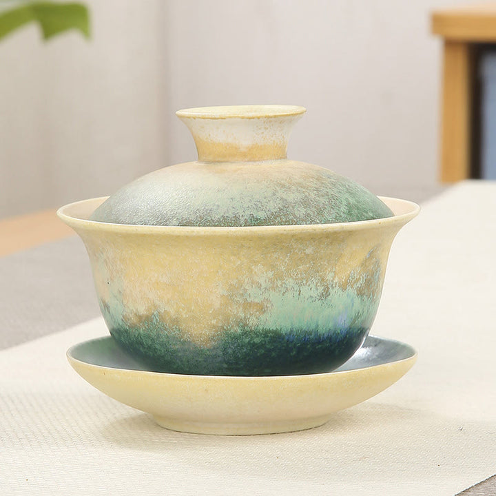 Tasse à thé et soucoupe en porcelaine avec motif de vagues de l'océan vert et Buddha Stones , tasse à thé Gaiwan Sancai en céramique Kung Fu avec couvercle