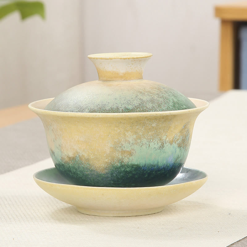 Tasse à thé et soucoupe en porcelaine avec motif de vagues de l'océan vert et Buddha Stones , tasse à thé Gaiwan Sancai en céramique Kung Fu avec couvercle - 9,5 cm × 8 cm × 150 ml - image 0