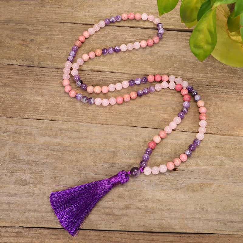 Bracelet de guérison spirituelle à pampilles en améthyste et quartz rose avec 108 perles de Mala Buddha Stones