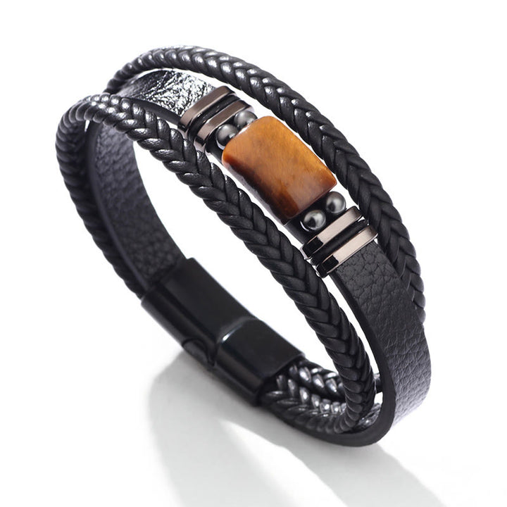 Bracelet en cuir multicouche avec boucle magnétique et Buddha Stones œil de tigre