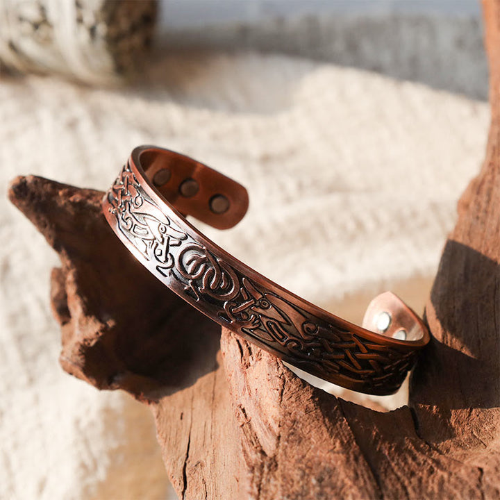 Bracelet manchette réglable magnétique en cuivre Buddha Stones et oiseaux vikings