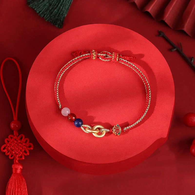 Bracelet de bon augure Lotus à double boucle de paix en argent sterling 925 Buddha Stones