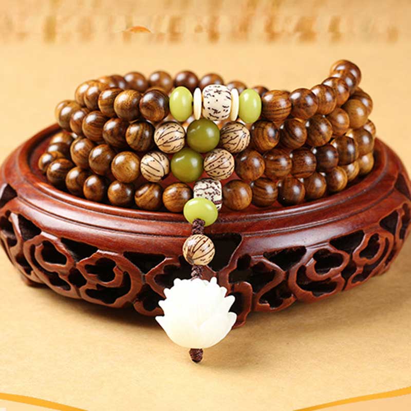 Collier et bracelet de protection en bois de rose tibétain avec Buddha Stones et lotus