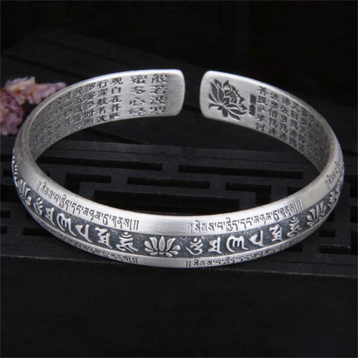 Bracelet jonc en argent sterling 999 Buddha Stones et symbole de la paix, Om Mani Padme Hum, Sutra du cœur et du lotus