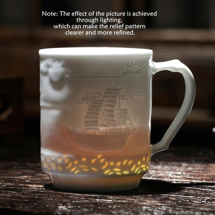 Buddha Stones Jingdezhen Linglong Porcelaine Auspicieux Dragon Phoenix Bateau Voile Douce Tasse à Thé en Céramique Tasses à Thé de Bureau 420 ml