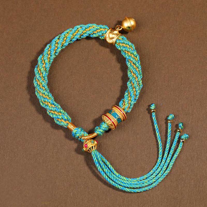 Bracelet tibétain fait main avec breloque en corde tressée et roue de prière Thangka pour protection de la chance