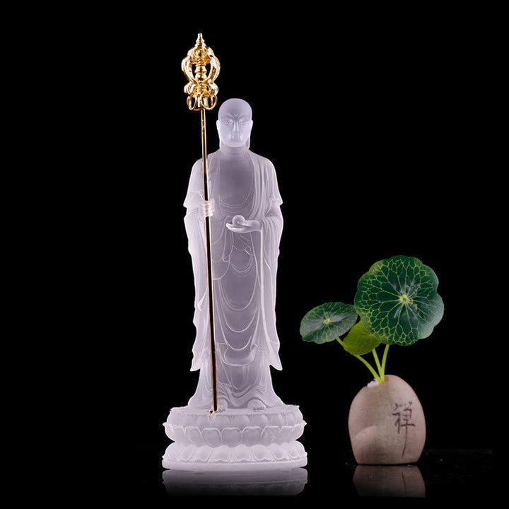 Buddha Stones faites à la main Ksitigarbha Bodhisattva Figurine Liuli Cristal Pièce d'art Statue de sérénité Décoration de la maison - Blanc 7,8 x 7,8 x 20 cm - image 3