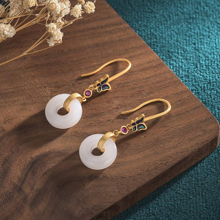 Boucles d'oreilles porte-bonheur papillon en jade blanc Feng Shui