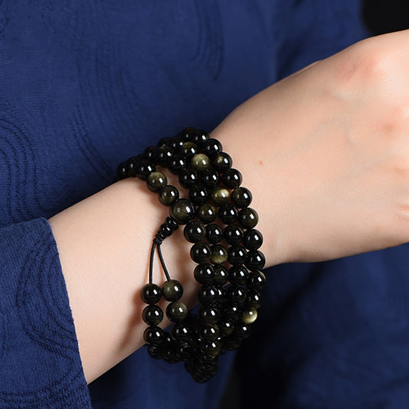 Bracelet de richesse en obsidienne naturelle dorée avec 108 perles de Mala Buddha Stones