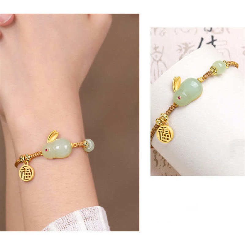 Bracelet en fil de jade Hetian Année du lapin Buddha Stones Bonheur Bénédiction Richesse