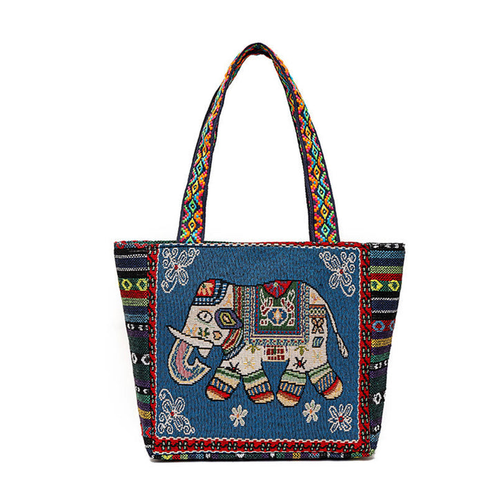 Sac fourre-tout en toile brodé de grande capacité avec Buddha Stones, éléphant et papillon