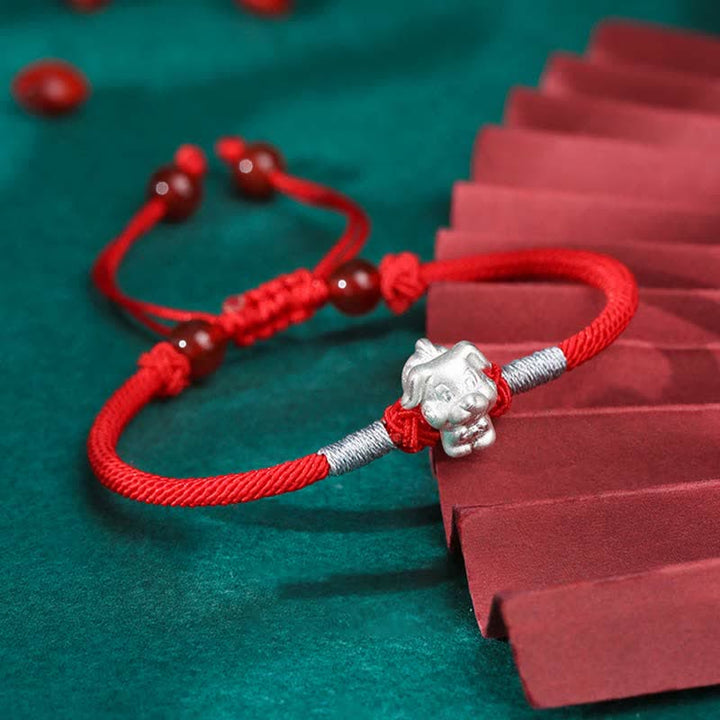 Bracelet en argent sterling 999 avec Buddha Stones et signe du zodiaque chinois, cordon rouge, force et chance
