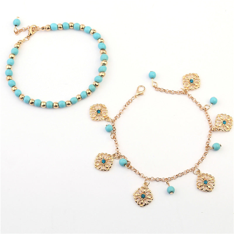 Lot de 2 bracelets de cheville en pierre turquoise avec protection en forme de fleur