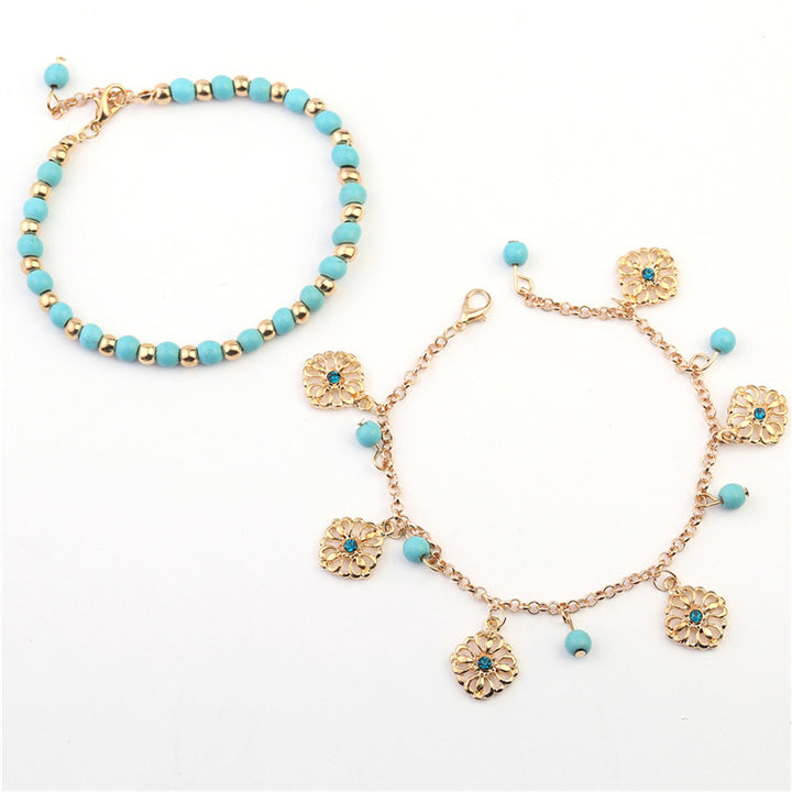 Lot de 2 bracelets de cheville en pierre turquoise avec protection en forme de fleur