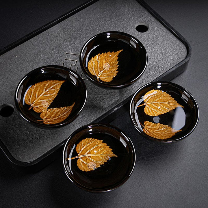 Tasse à thé en céramique chinoise Jianzhan avec feuilles d'érable dorées et Buddha Stones