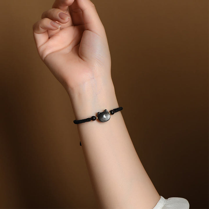 Bracelet tressé fait main en obsidienne naturelle argentée et brillante en quartz fraise avec protection pour chat mignon - image 7