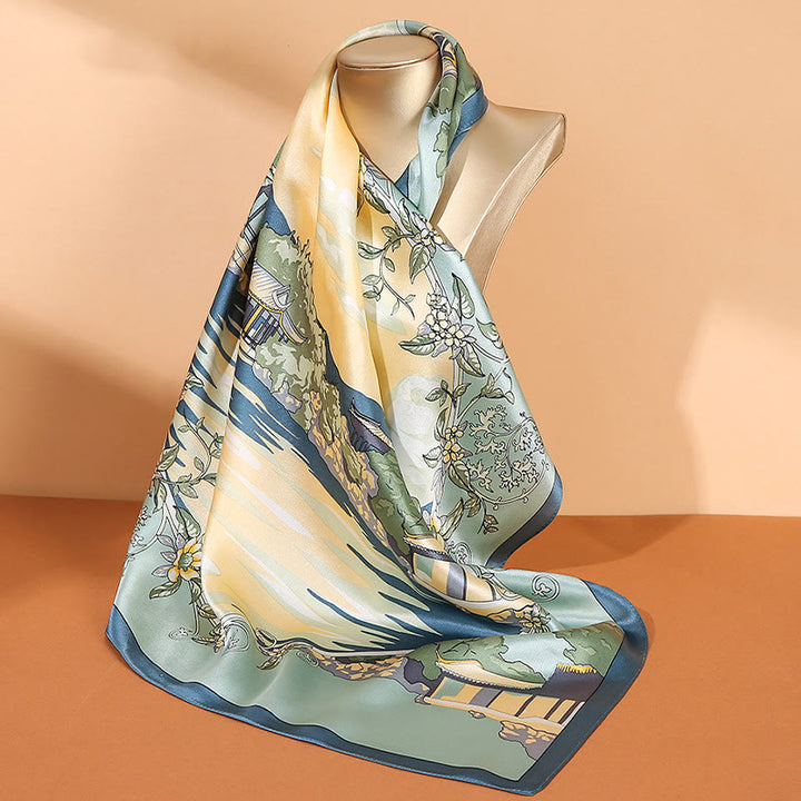 Foulard pour cheveux en soie de mûrier 100 % Buddha Stones et scène pastorale en montgolfière