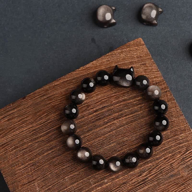 Bracelet de protection porte-bonheur en obsidienne dorée et argentée avec Buddha Stones et jolie patte de chat porte-bonheur - image 28
