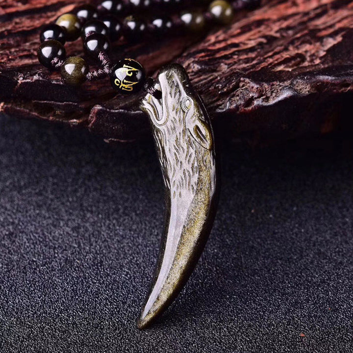 Buddha Stones Obsidienne noire naturelle Obsidienne de glace Obsidienne arc-en-ciel Motif dent de loup Collier force Pendentif