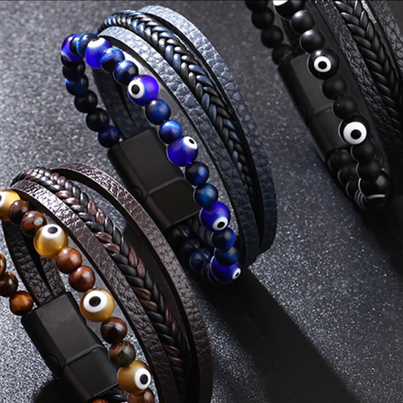 Bracelet tressé multicouches en perles de protection contre le mauvais œil et l'œil de tigre avec Buddha Stones
